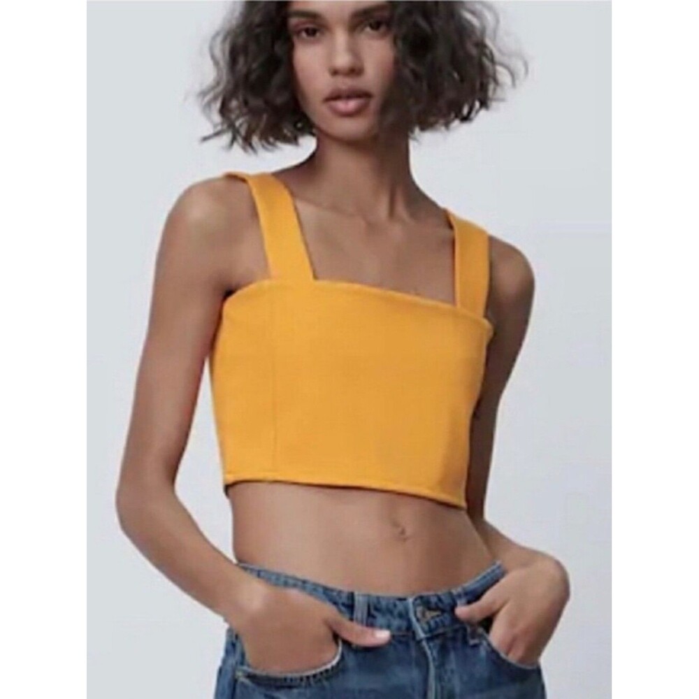 Zara Mustard Yellow Square Neck Crop Top Thick Strap Tank Size S
